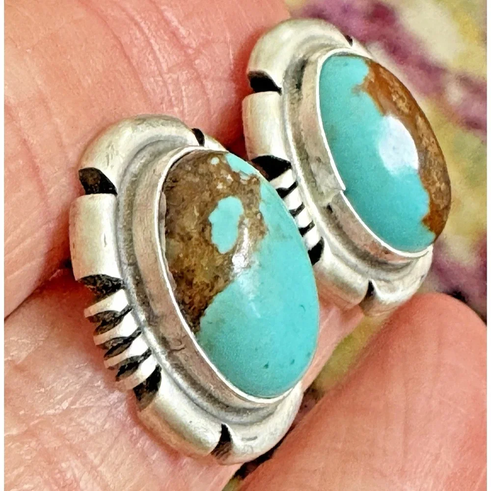 Turquoise Stud Earrings Navajo Native Sterling Silver 925 Signed 18mm‎ by 22mm